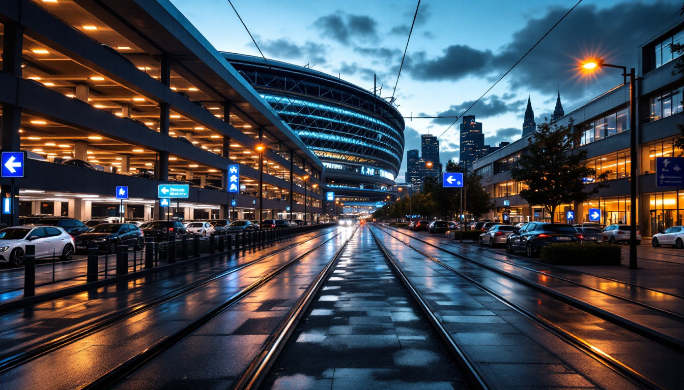 Anfahrt Lanxess Arena Köln parken – beleuchtetes Parkhaus und Verkehrsschilder bei Abenddämmerung