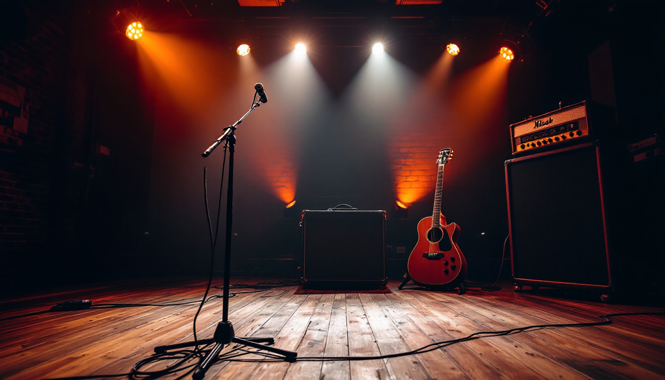 Bühne in einem der beste Musikclubs Köln für Livemusik mit warmem Licht und Gitarre