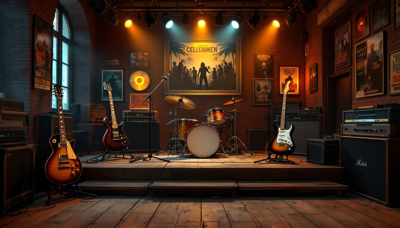 Bühne mit Instrumenten symbolisiert die Geschichte der Kölner Rockmusik